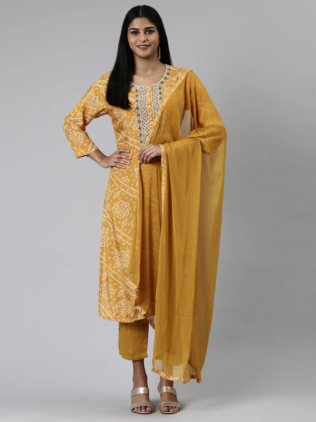 Neerus Mustard Regular Calf Length Printed Kurta Solid Trousers With Dupatta