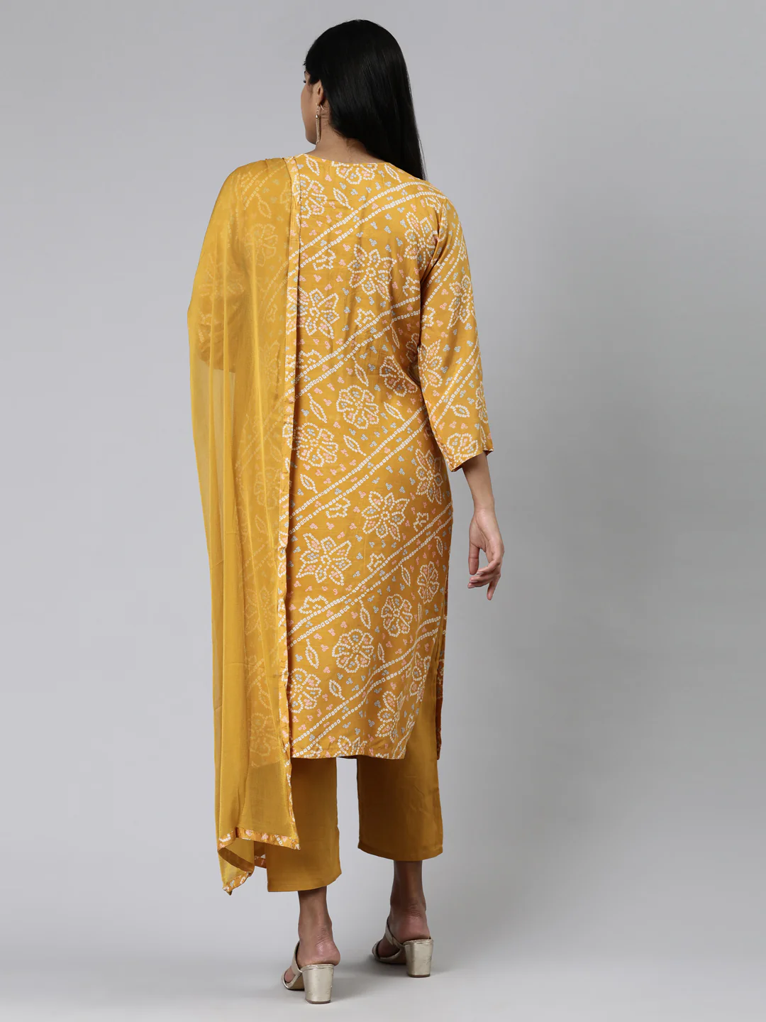 Neerus Mustard Regular Calf Length Printed Kurta Solid Trousers With Dupatta - Image 3