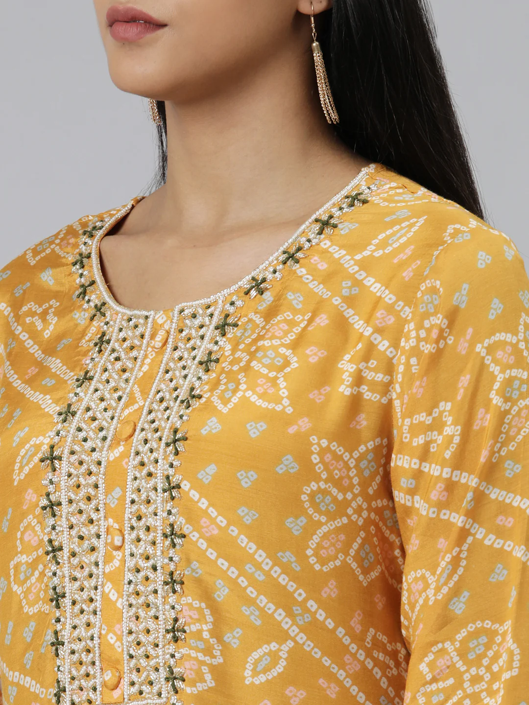 Neerus Mustard Regular Calf Length Printed Kurta Solid Trousers With Dupatta - Image 4