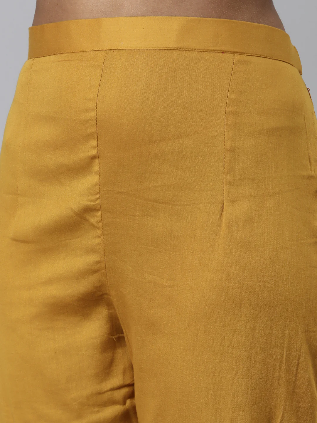 Neerus Mustard Regular Calf Length Printed Kurta Solid Trousers With Dupatta - Image 5