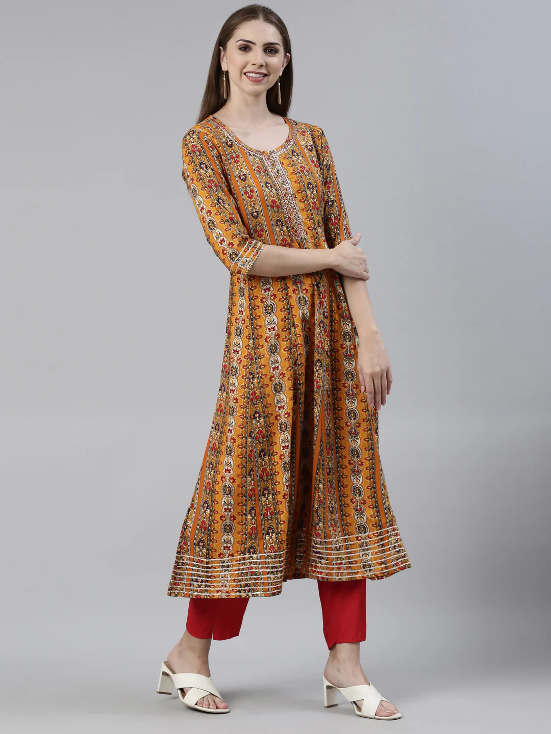 Neerus Mustard Regular Knee Length Printed Kurta Solid Trousers With Dupatta - Image 2