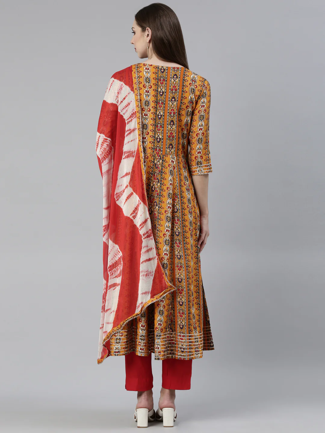 Neerus Mustard Regular Knee Length Printed Kurta Solid Trousers With Dupatta - Image 3