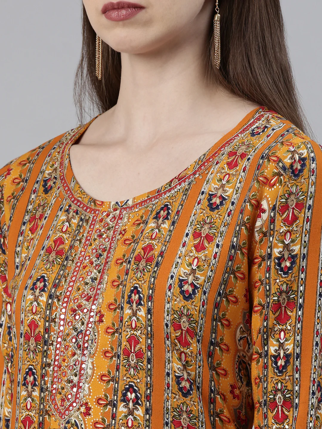 Neerus Mustard Regular Knee Length Printed Kurta Solid Trousers With Dupatta - Image 4