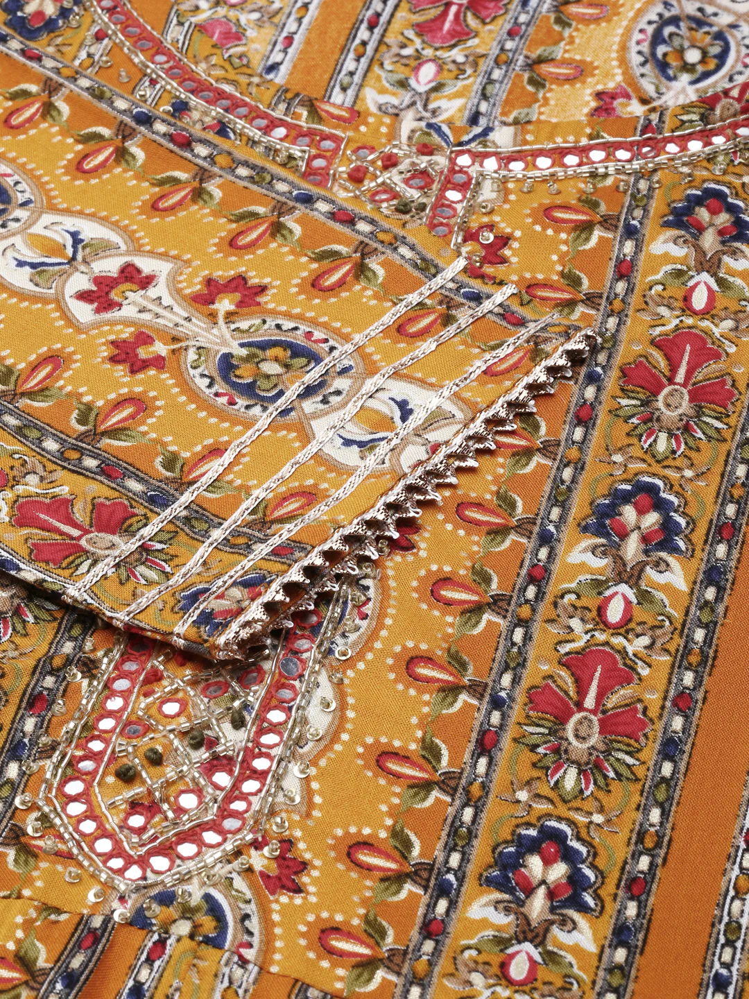 Neerus Mustard Regular Knee Length Printed Kurta Solid Trousers With Dupatta - Image 5