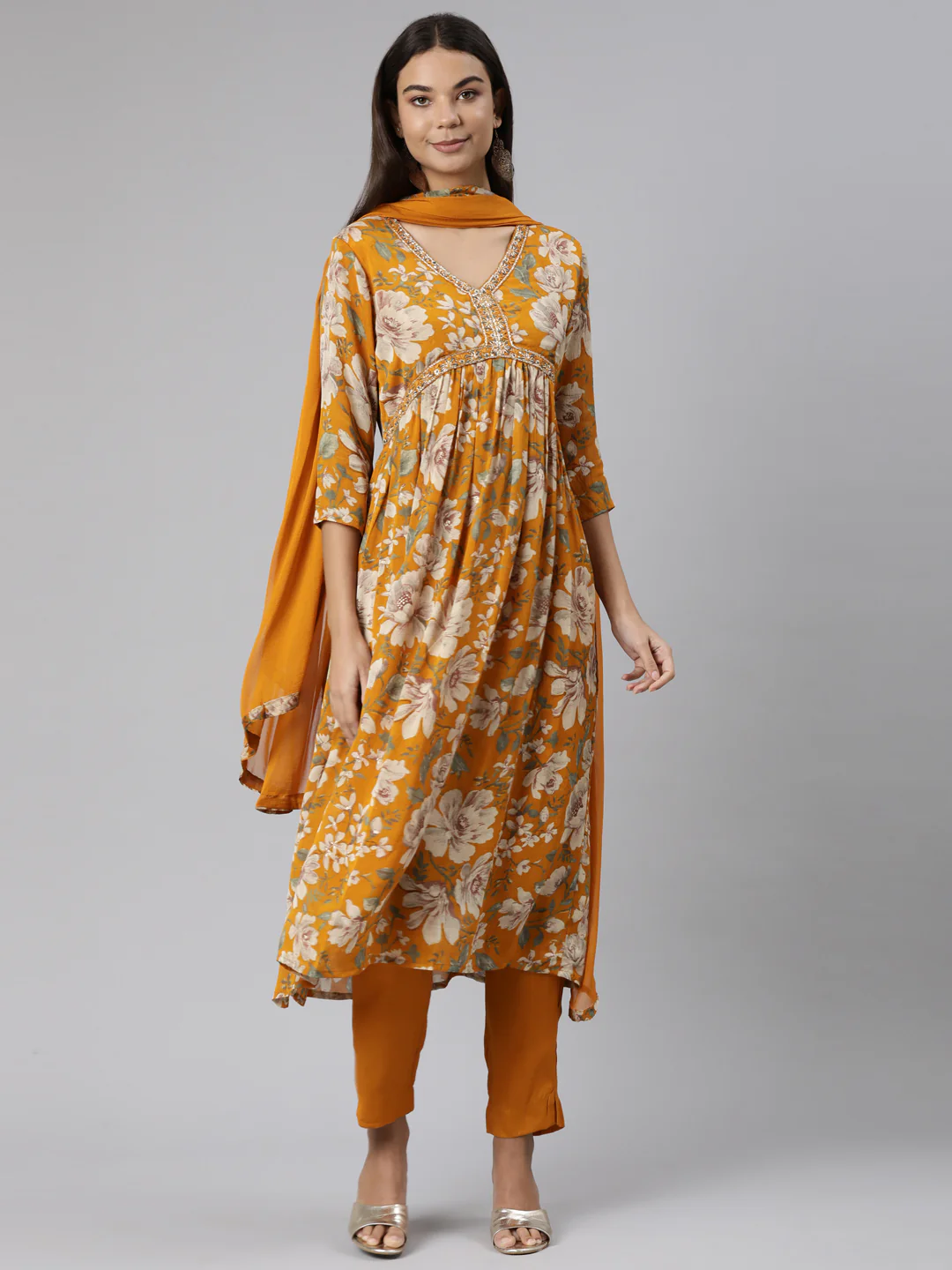 Neerus Mustard Regular Straight Floral Readymade suits