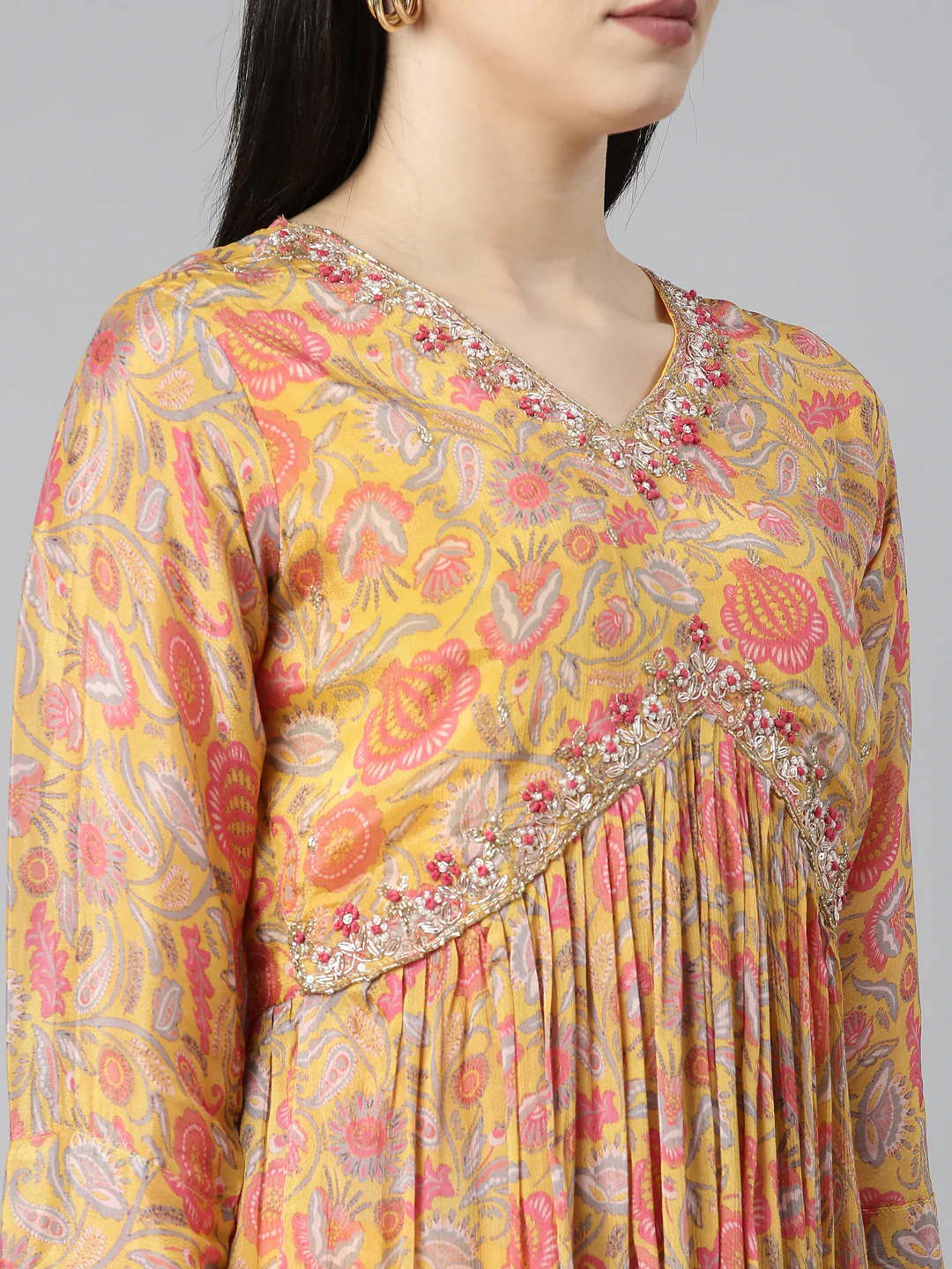 Neerus Mustard Regular Straight Floral Kurta And Trousers With Dupatta - Image 4