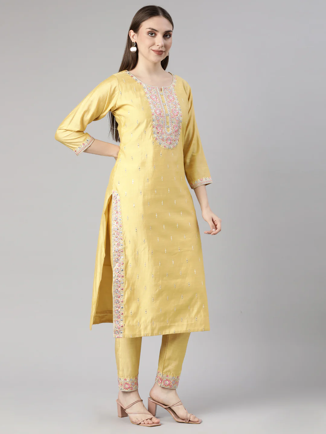 Neerus Mustard Regular Straight Floral Kurta And  Trousers With Dupatta - Image 2