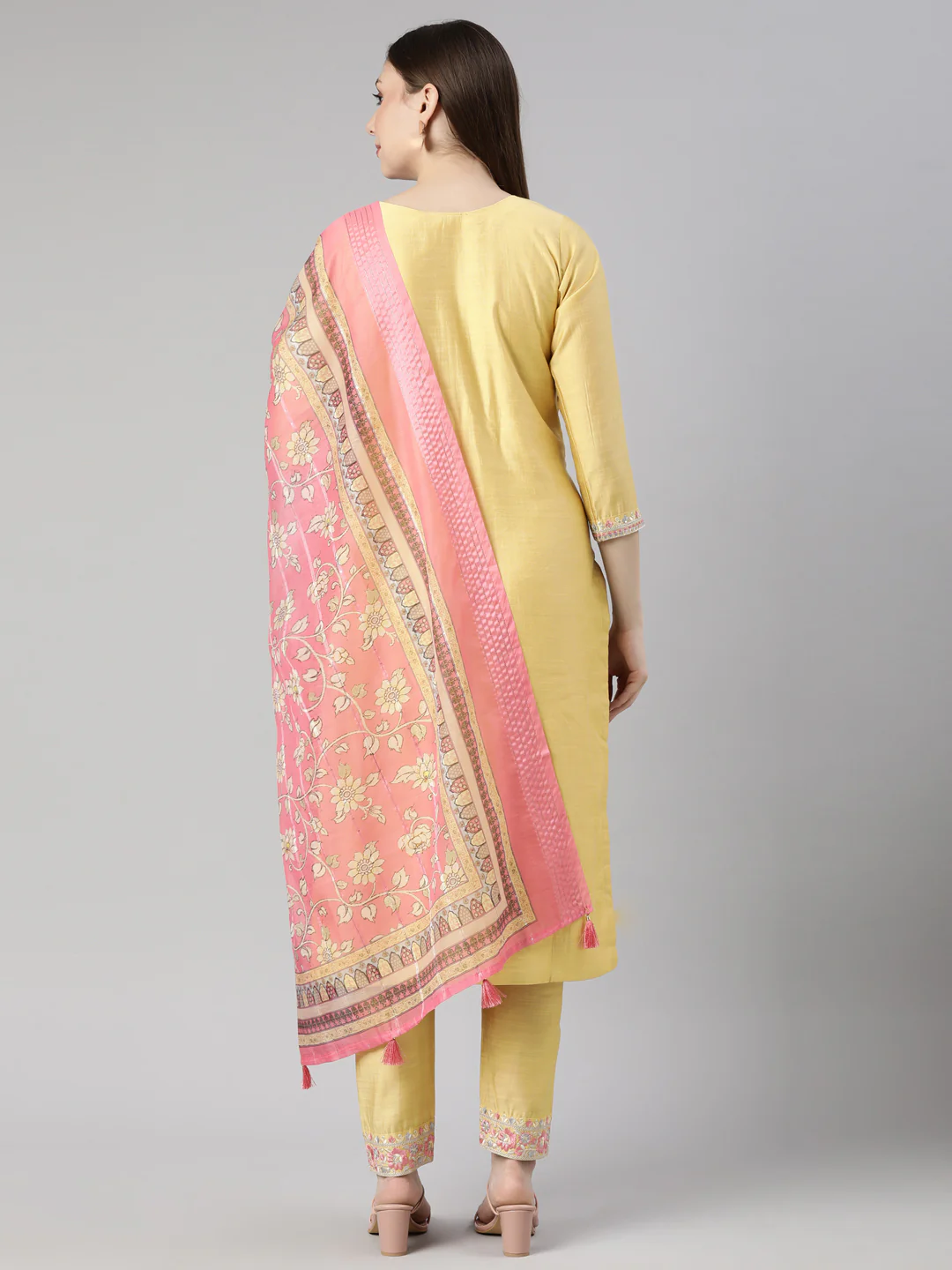 Neerus Mustard Regular Straight Floral Kurta And  Trousers With Dupatta - Image 3
