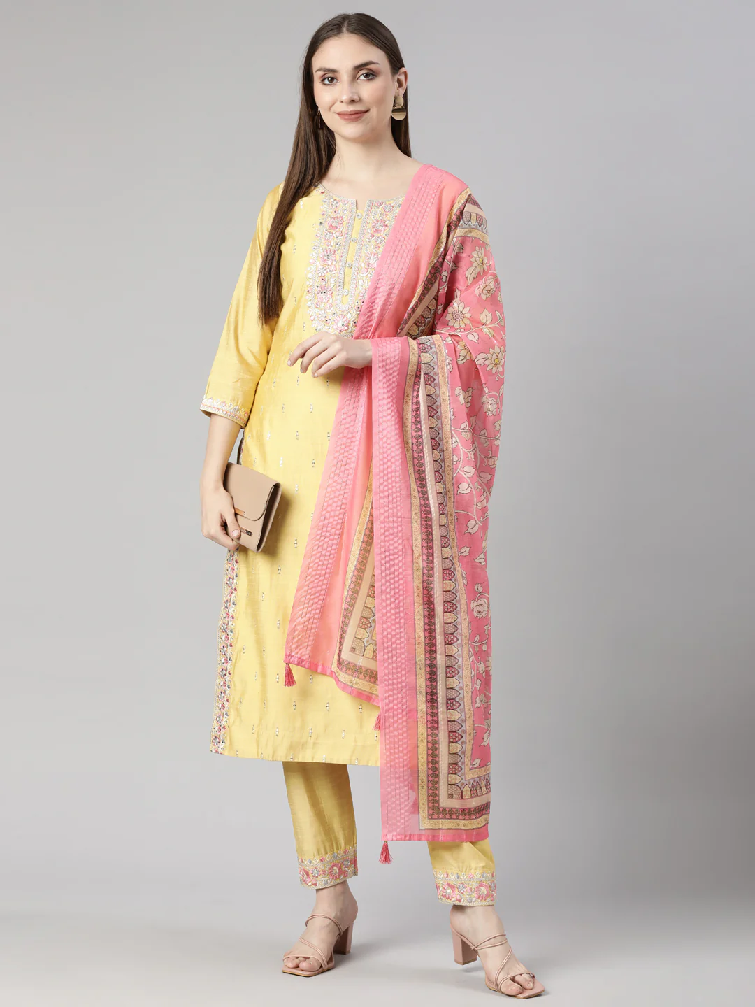 Neerus Mustard Regular Straight Floral Kurta And  Trousers With Dupatta - Image 4