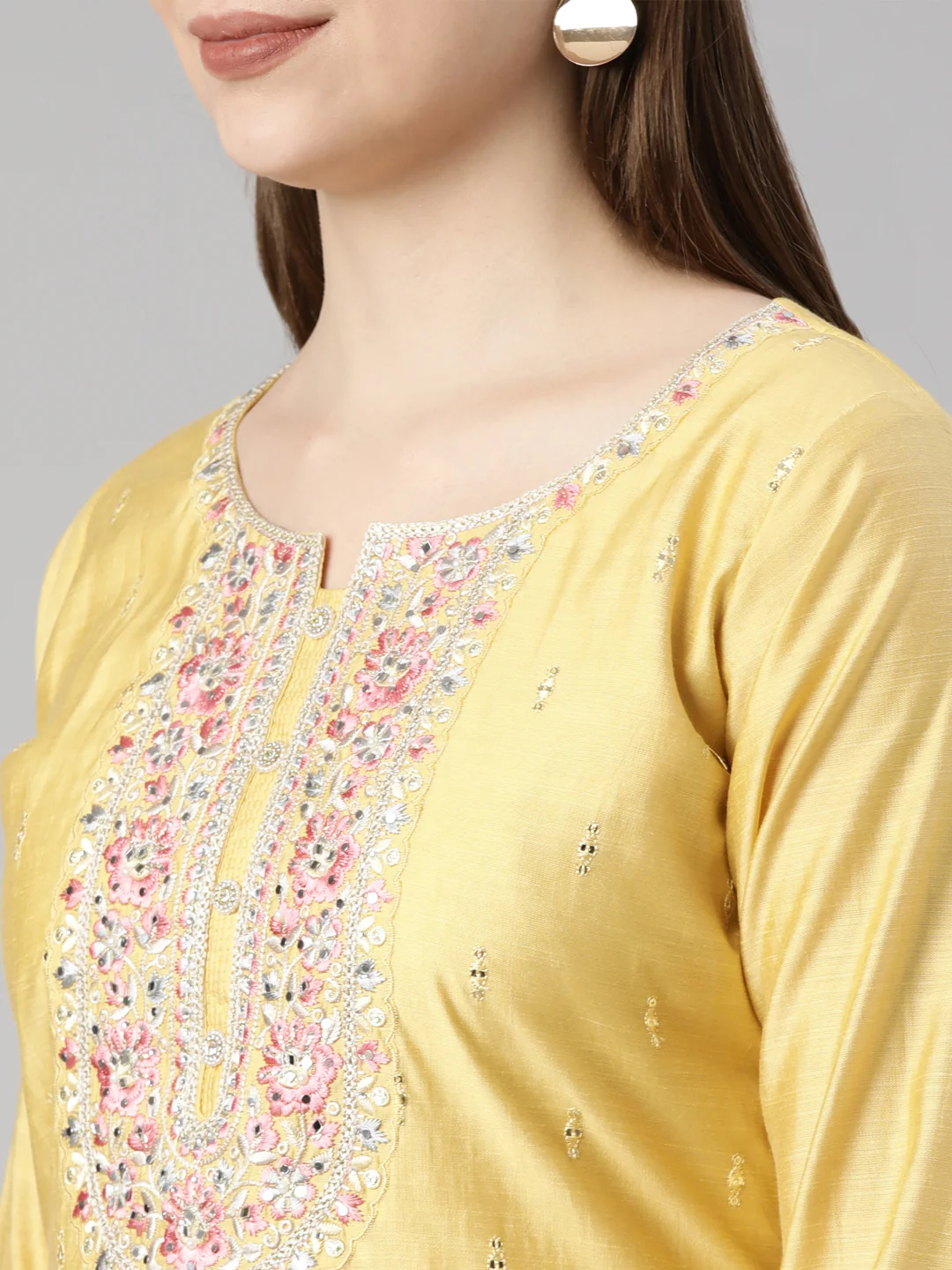 Neerus Mustard Regular Straight Floral Kurta And  Trousers With Dupatta - Image 7