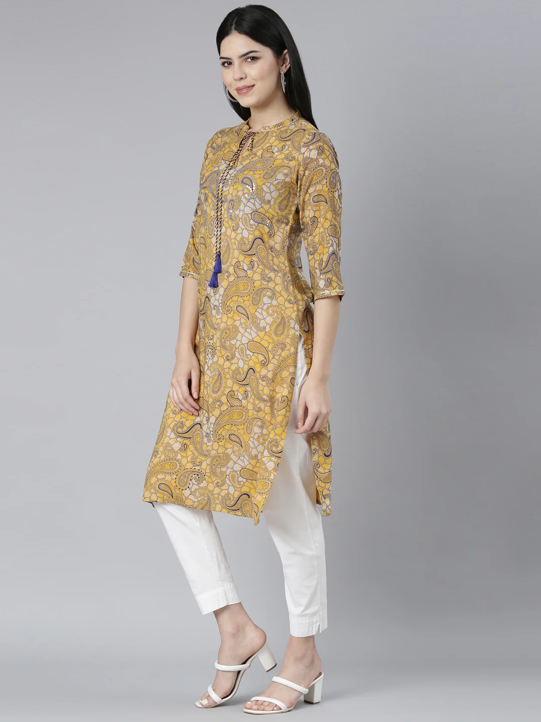 Neerus Mustard Regular Straight Paisley Kurta - Image 2