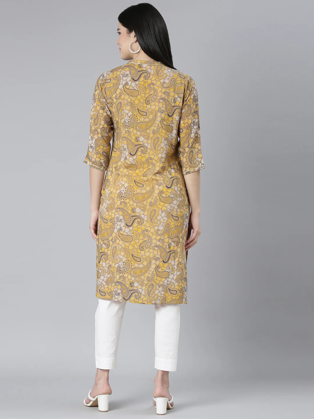 Neerus Mustard Regular Straight Paisley Kurta - Image 3
