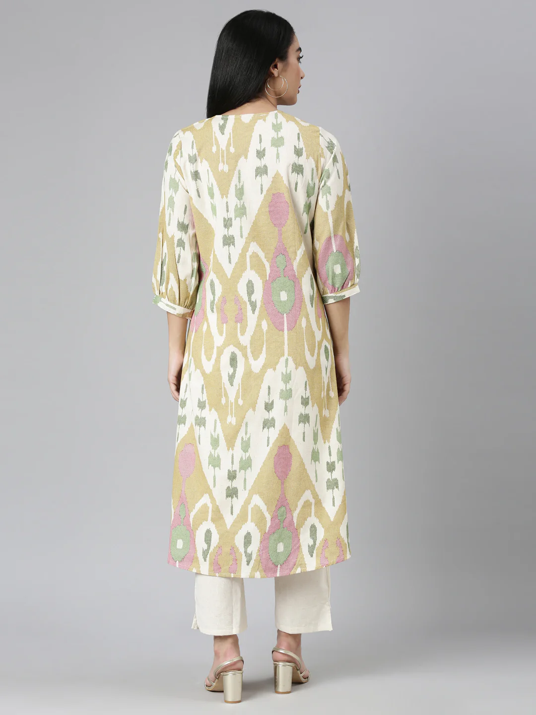 Neerus Mustard Regular Straight Printed Kurta and Trousers - Image 3