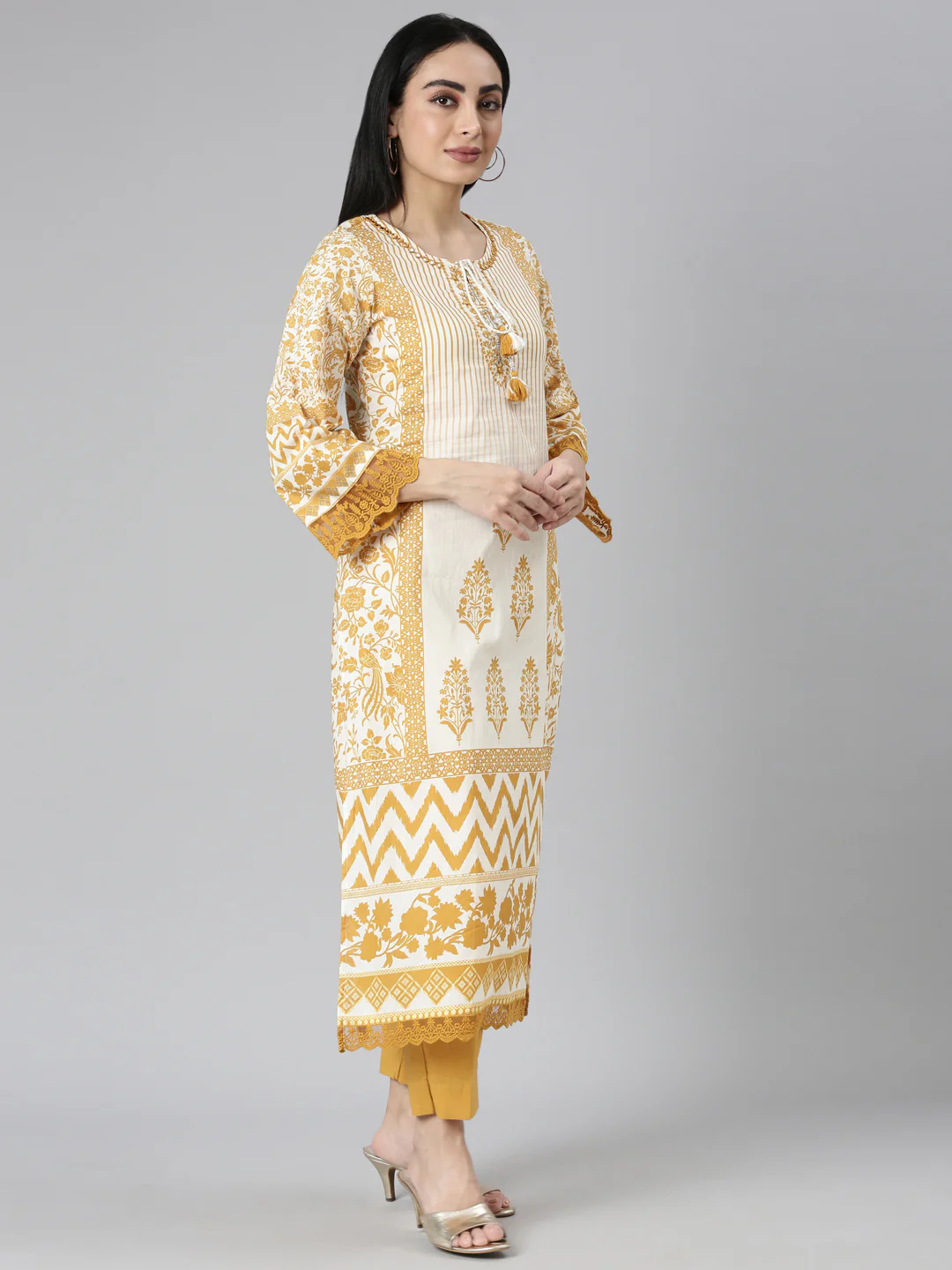 Neerus Mustard Regular Straight Printed Kurta and Trousers With Dupatta - Image 2