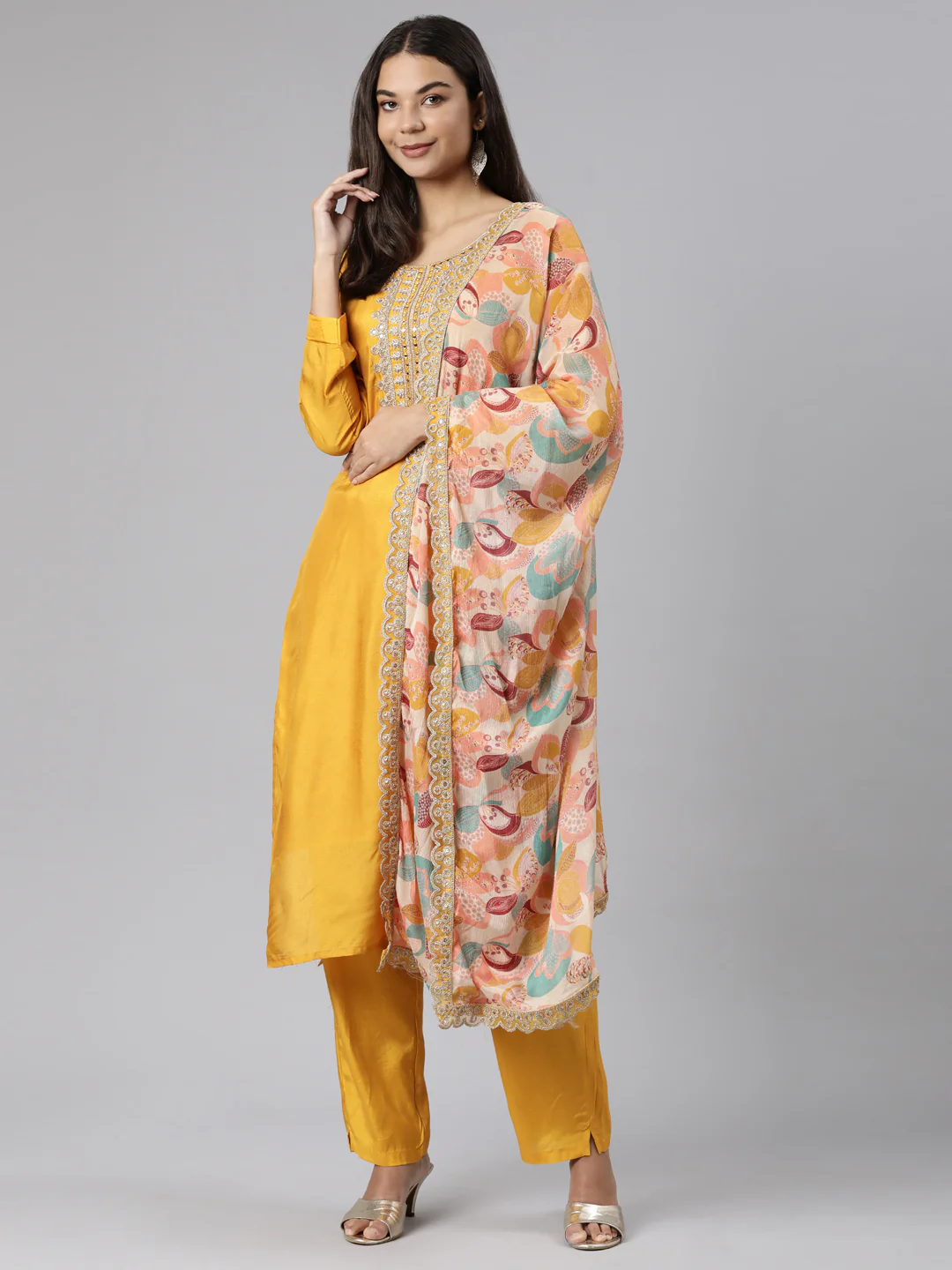 Neerus Mustard Regular Straight Solid Readymade suits - Image 5