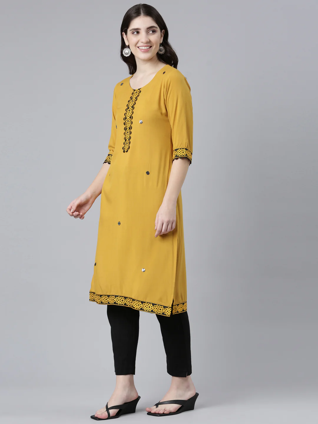 Neerus Mustard Regular Straight Solid Kurta - Image 2