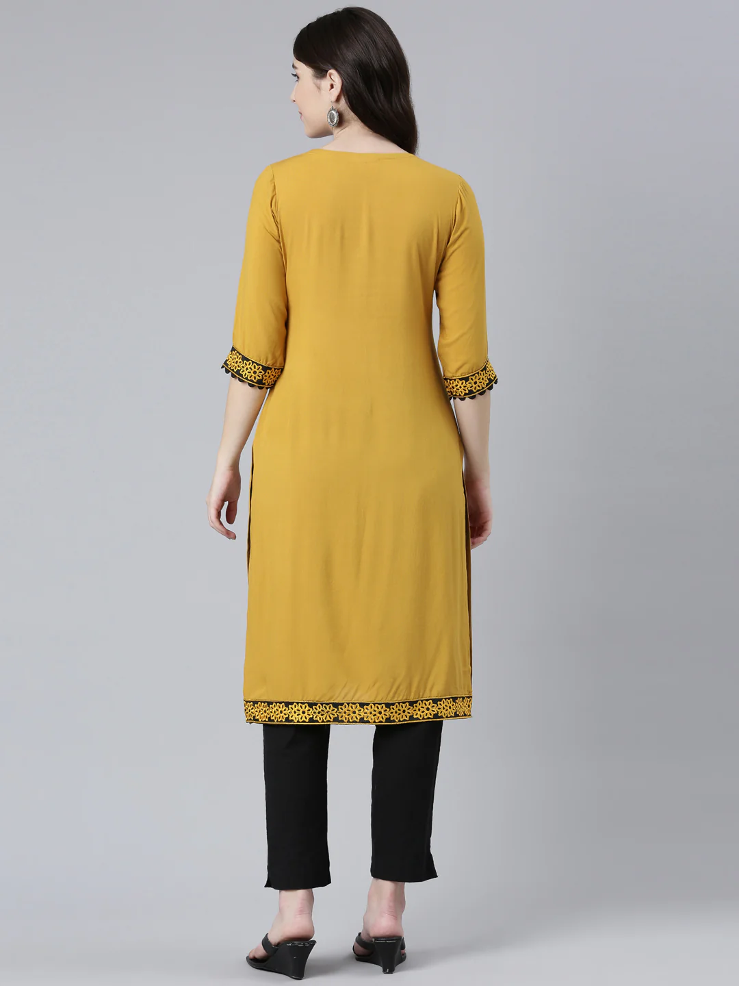 Neerus Mustard Regular Straight Solid Kurta - Image 3