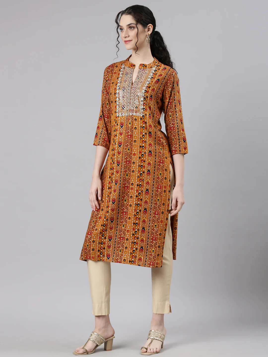 Neerus Mustard Straight Casual Ethnic Motifs Kurta - Image 2