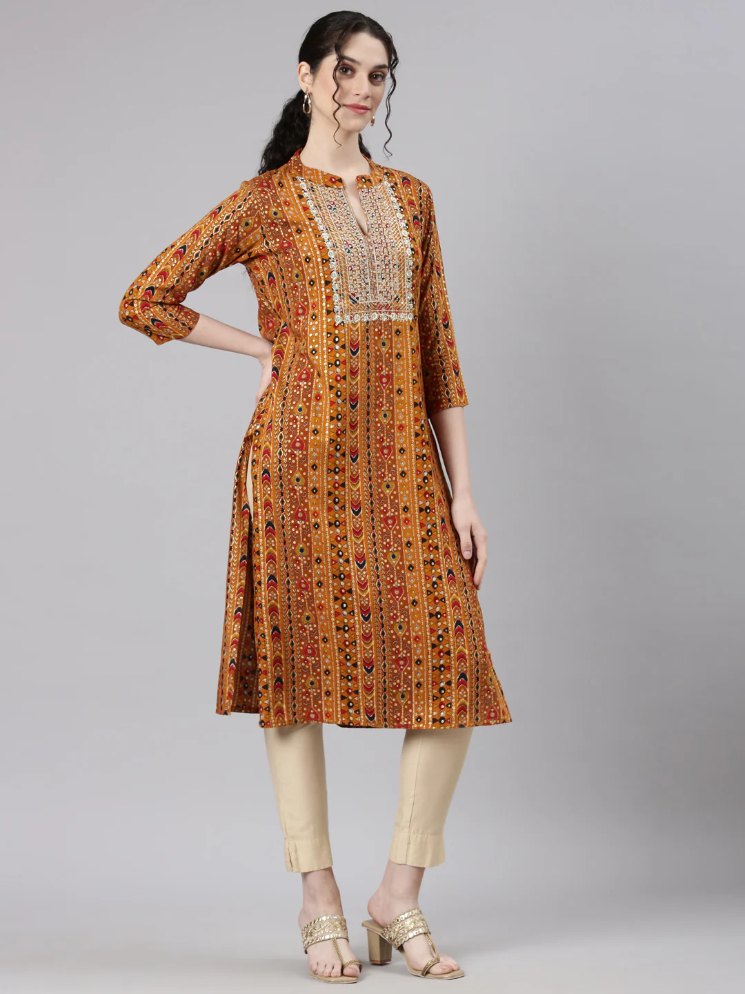 Neerus Mustard Straight Casual Ethnic Motifs Kurta - Image 3