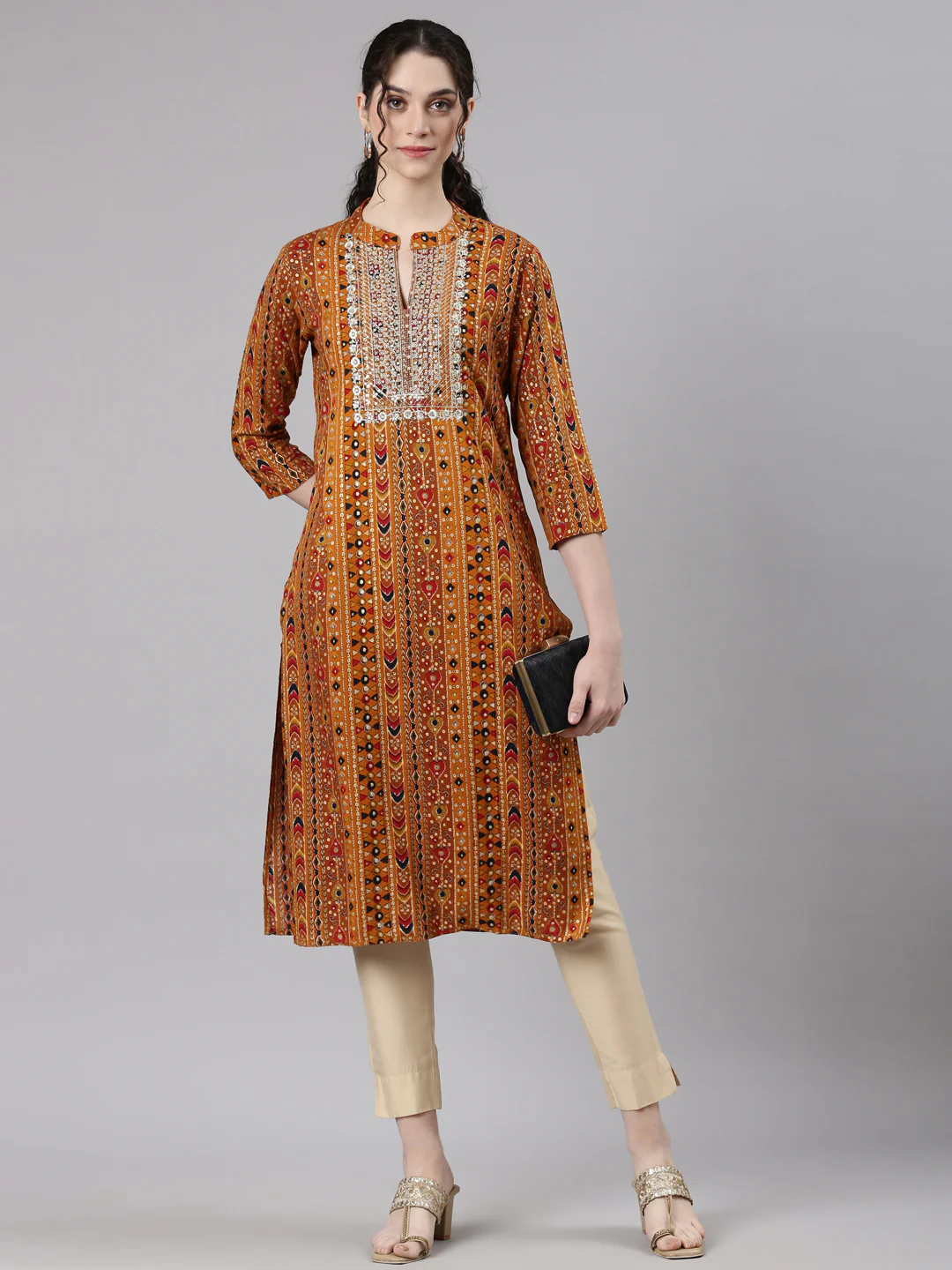 Neerus Mustard Straight Casual Ethnic Motifs Kurta - Image 6