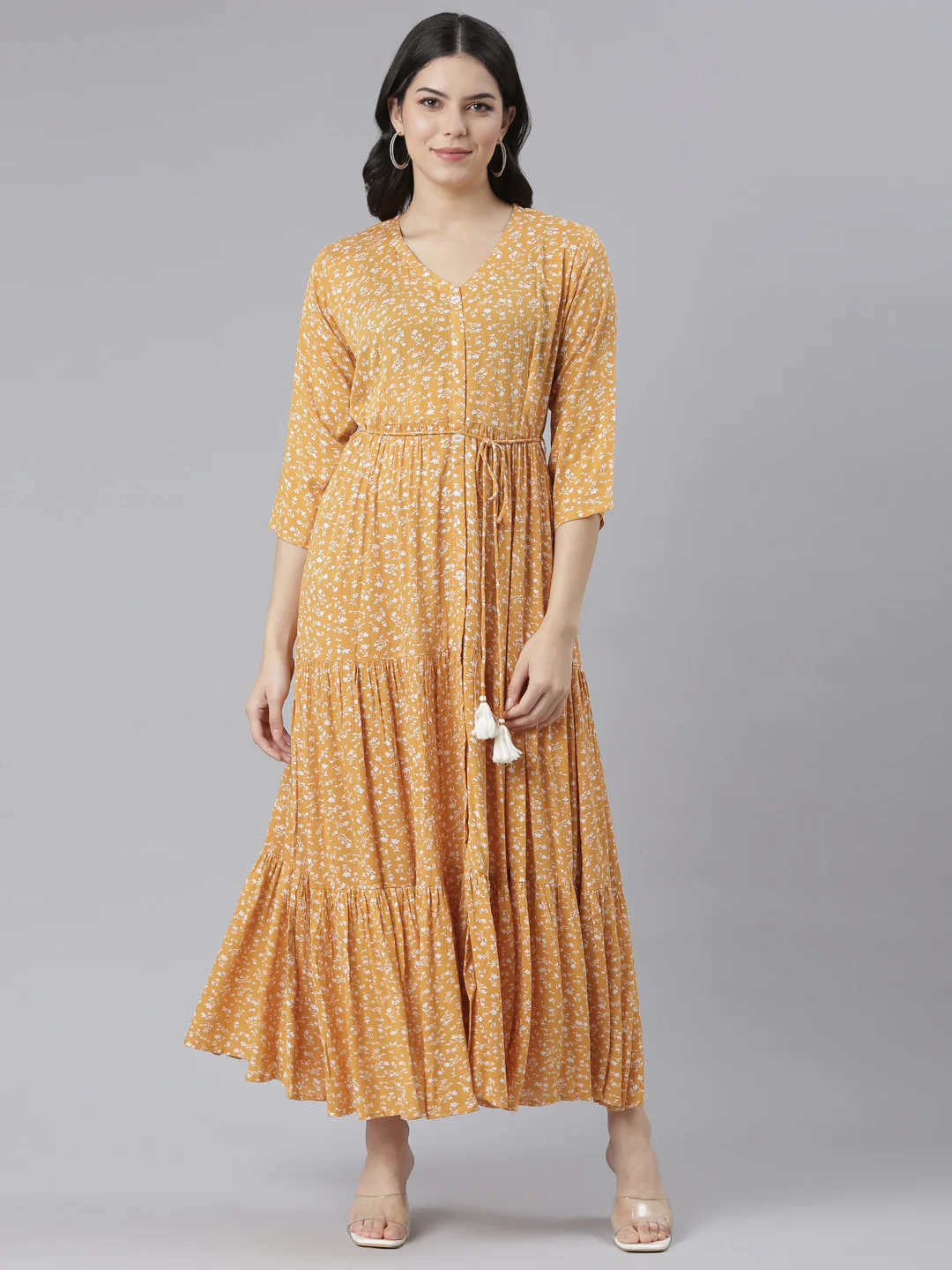 Neerus Mustard Straight Casual Floral Dresses