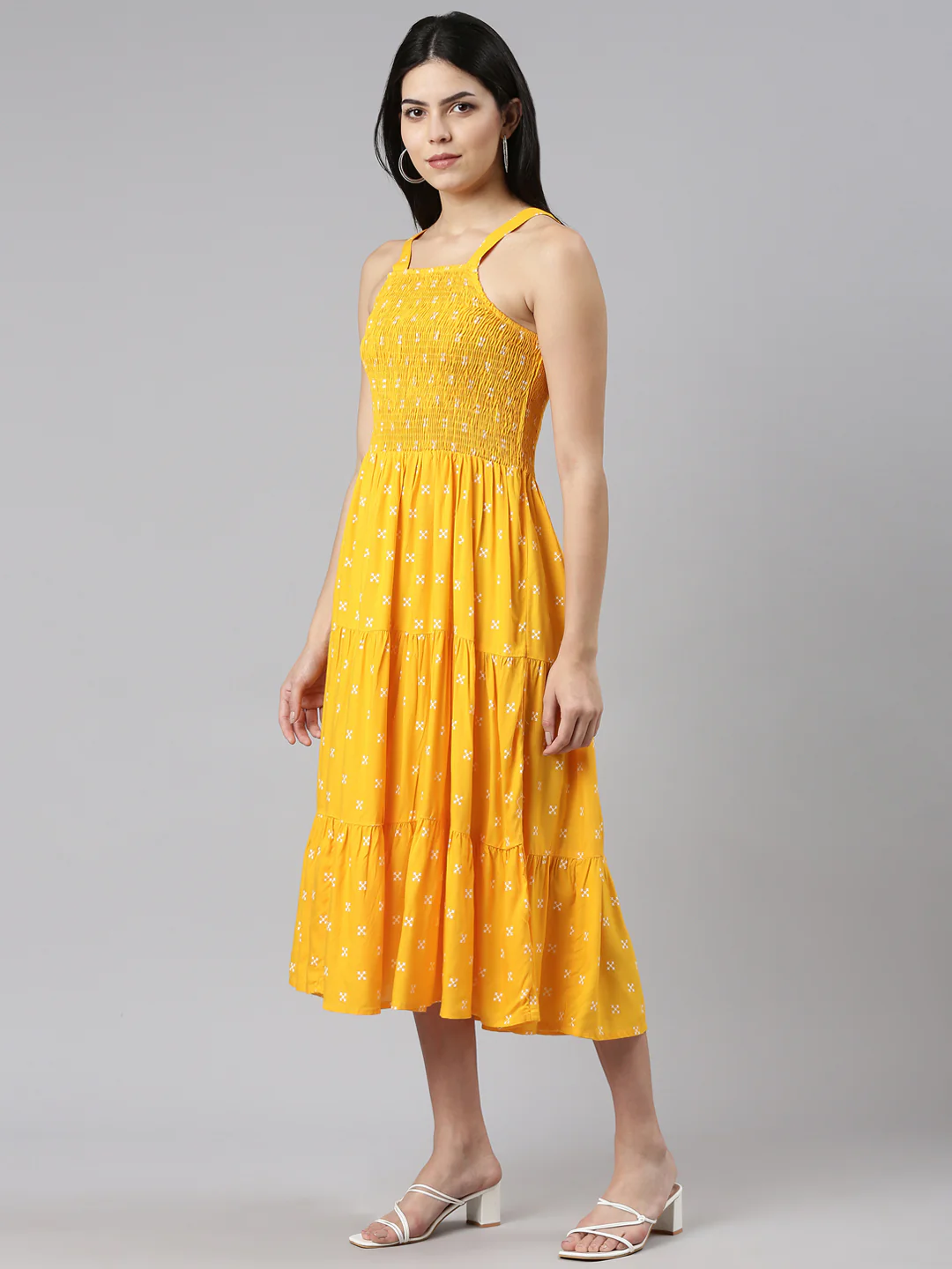 Neerus Mustard Straight Casual Floral Dresses - Image 2