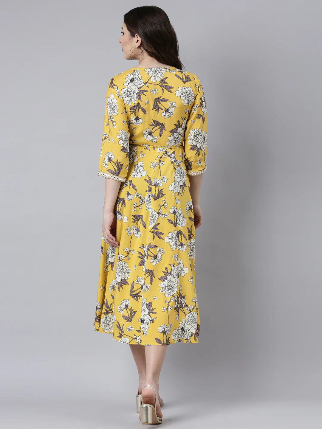 Neerus Mustard Straight Casual Floral Maxi Dresses - Image 3