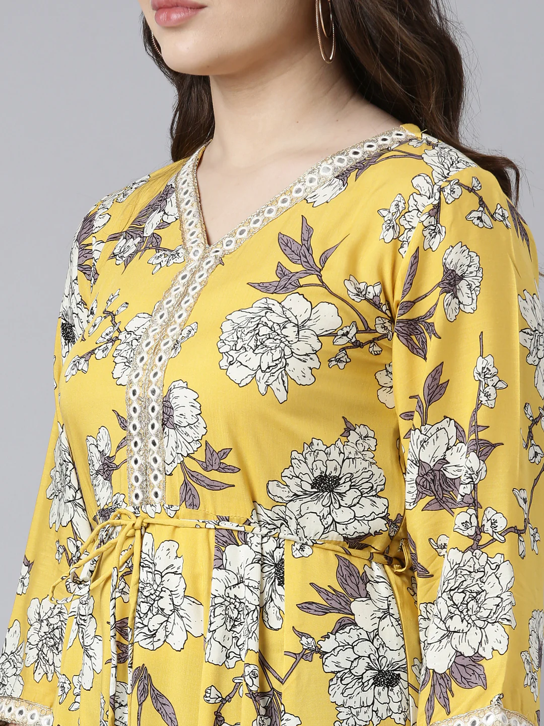Neerus Mustard Straight Casual Floral Maxi Dresses - Image 4