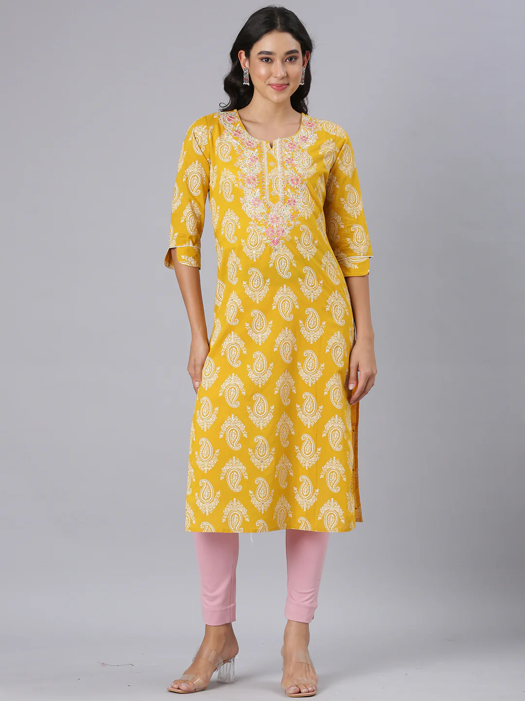 Neerus Mustard Straight Casual Paisley Kurta