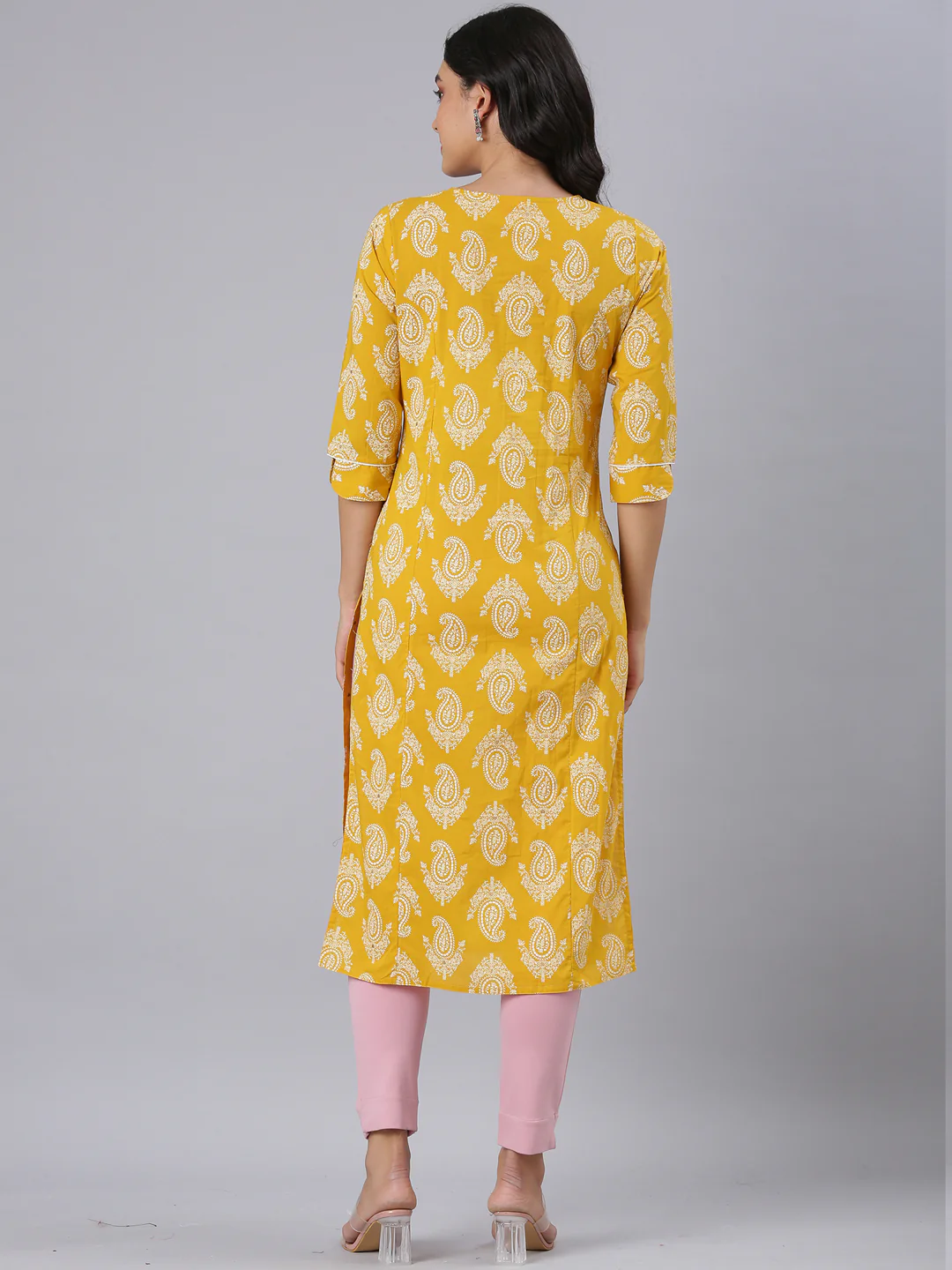 Neerus Mustard Straight Casual Paisley Kurta - Image 3