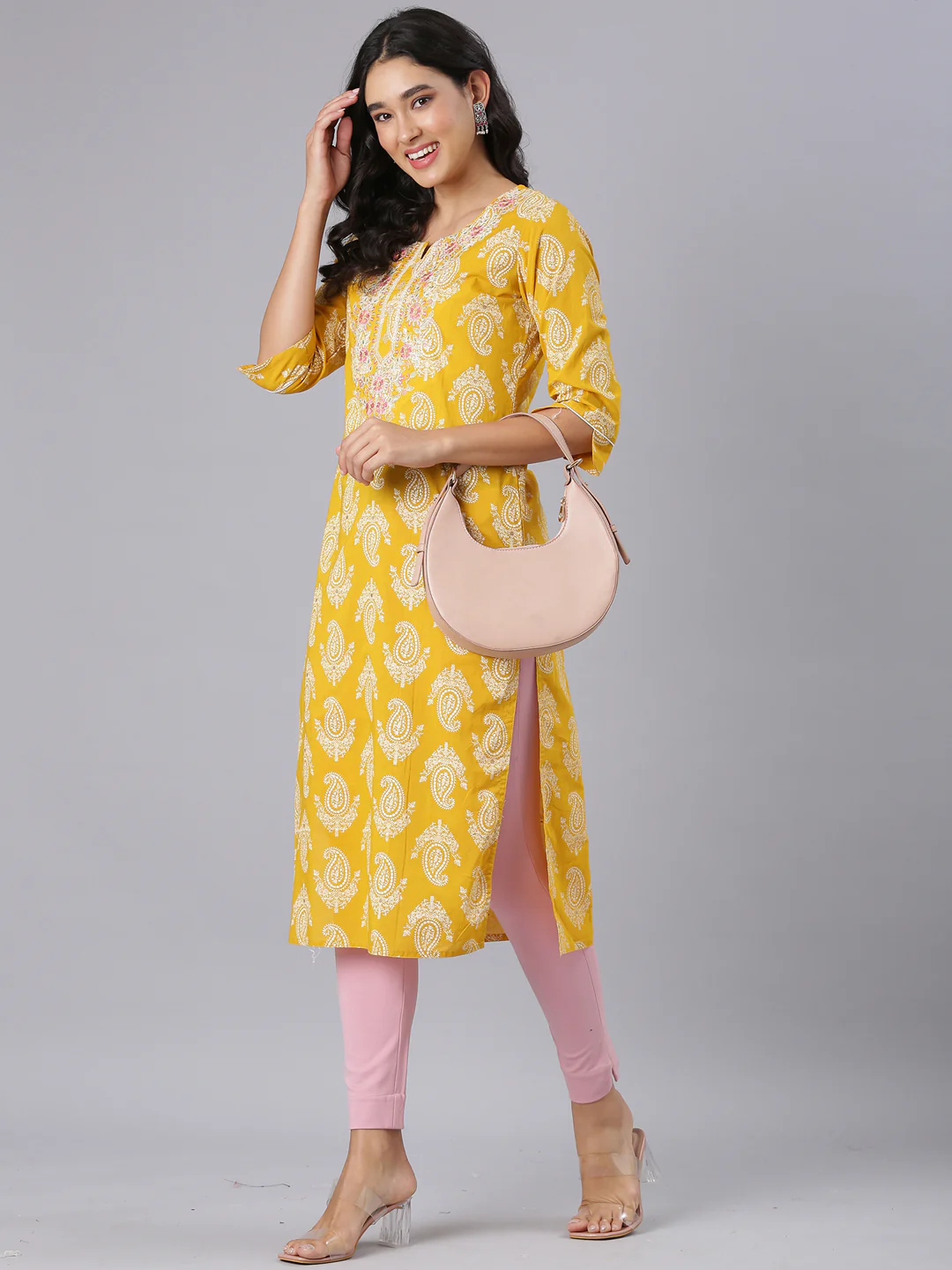 Neerus Mustard Straight Casual Paisley Kurta - Image 5