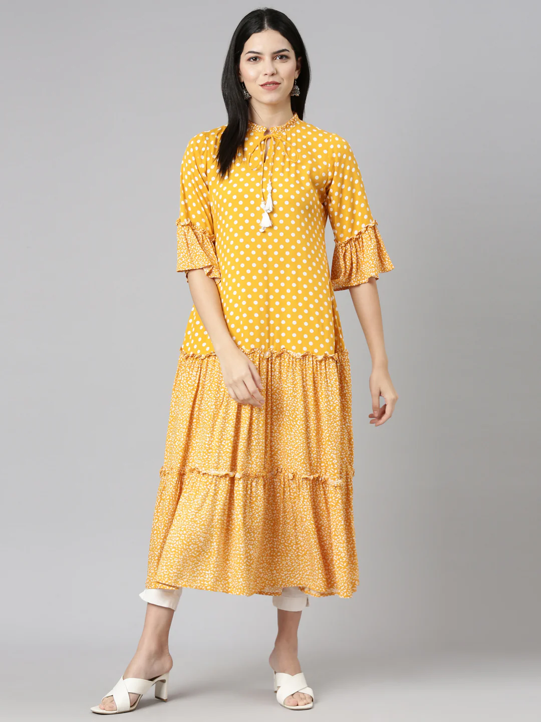 Neerus Mustard Straight Casual Printed Dress - Image 5