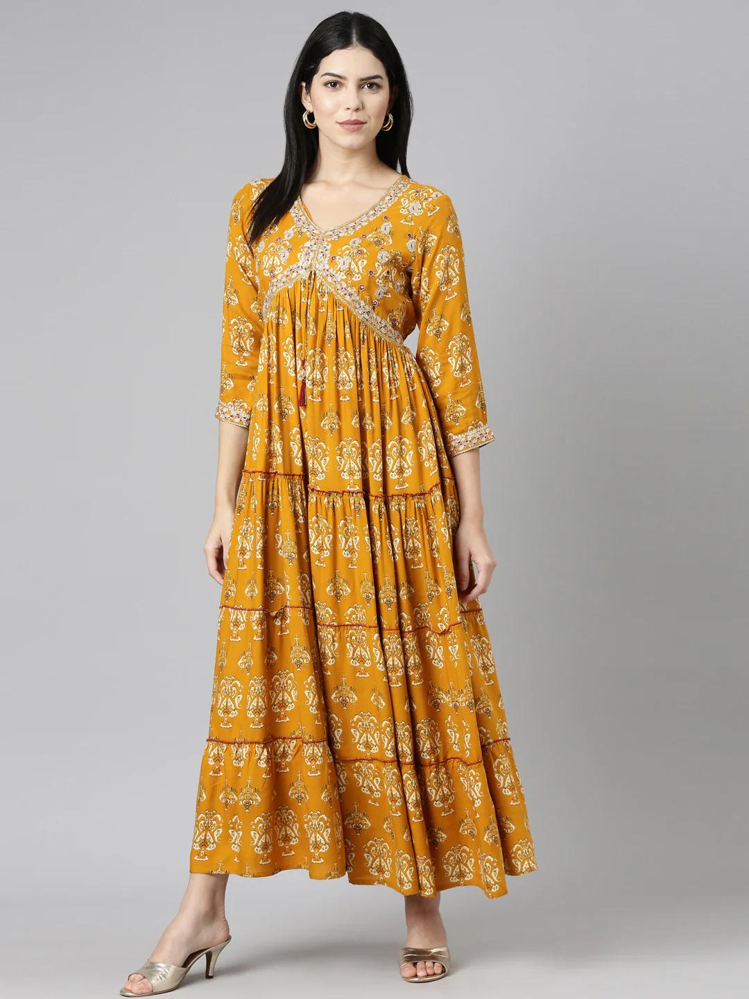 Neerus Mustard Straight Casual Printed Gown - Image 5