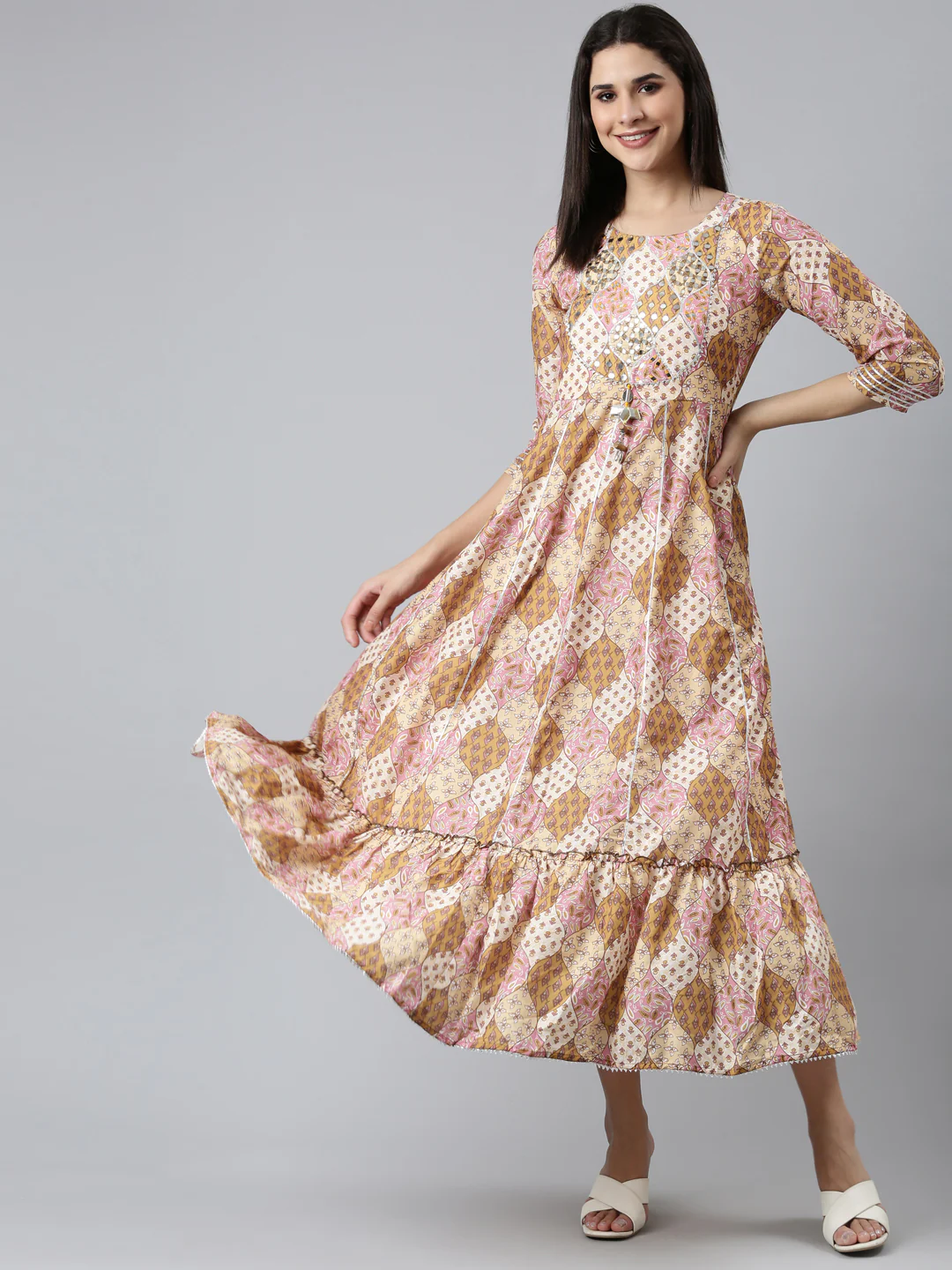 Neerus Mustard Straight Casual Printed Dress - Image 5