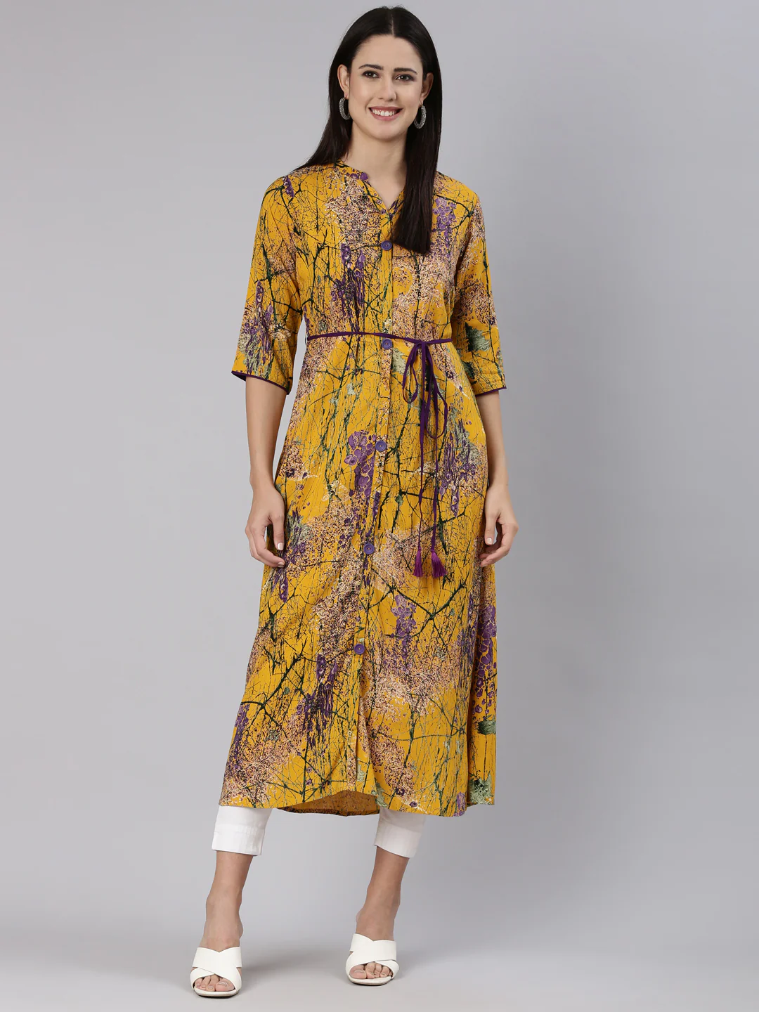Neerus Mustard Straight Casual Tropical Dress - Image 5