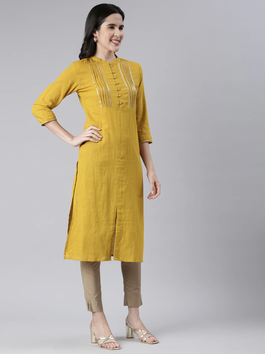 Neerus Mustard Straight Solid Cotton Kurta - Image 2