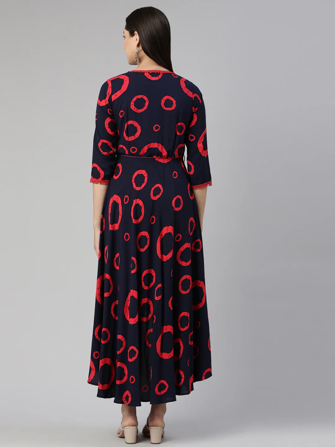 Neerus Navy Blue Anarkali Curved Cotton Kurta - Image 3