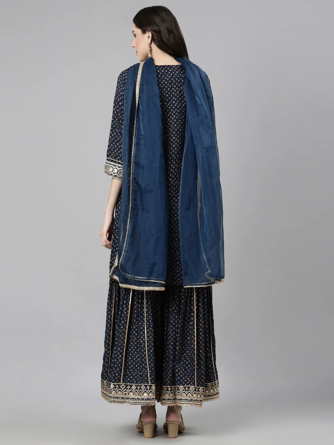 Neerus Navy Blue Casual Bandhani Straight Kurti and Palazzos With Dupatta - Image 4