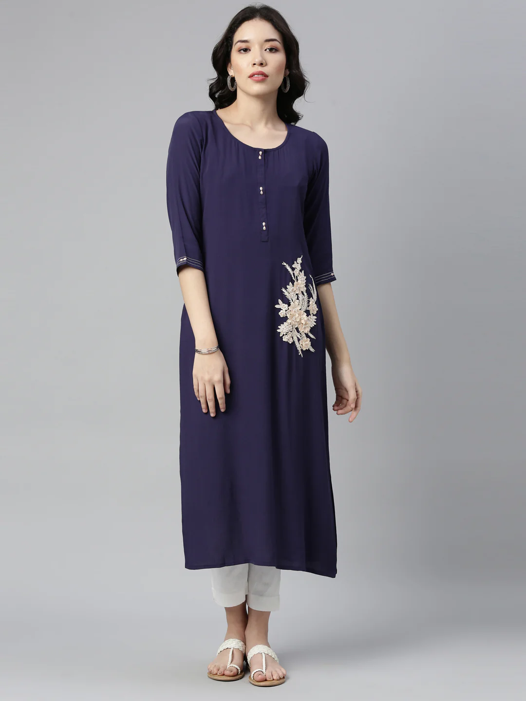 Neerus Navy Blue Color Chiffon Fabric Kurta