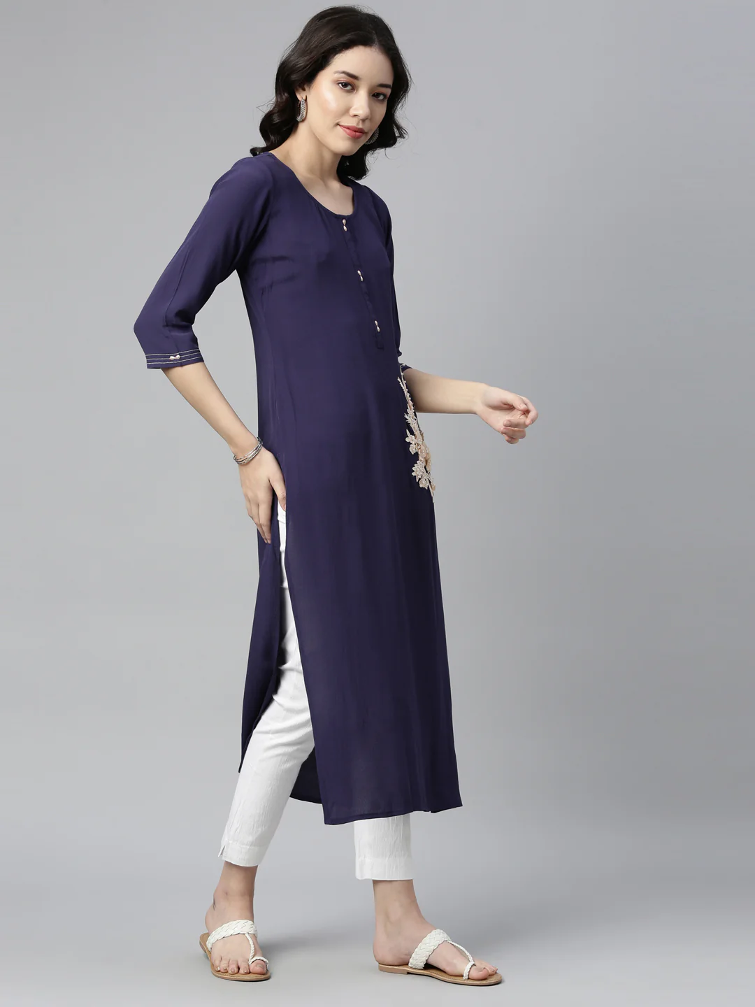 Neerus Navy Blue Color Chiffon Fabric Kurta - Image 2