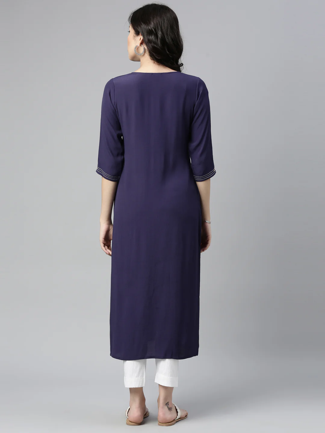 Neerus Navy Blue Color Chiffon Fabric Kurta - Image 3