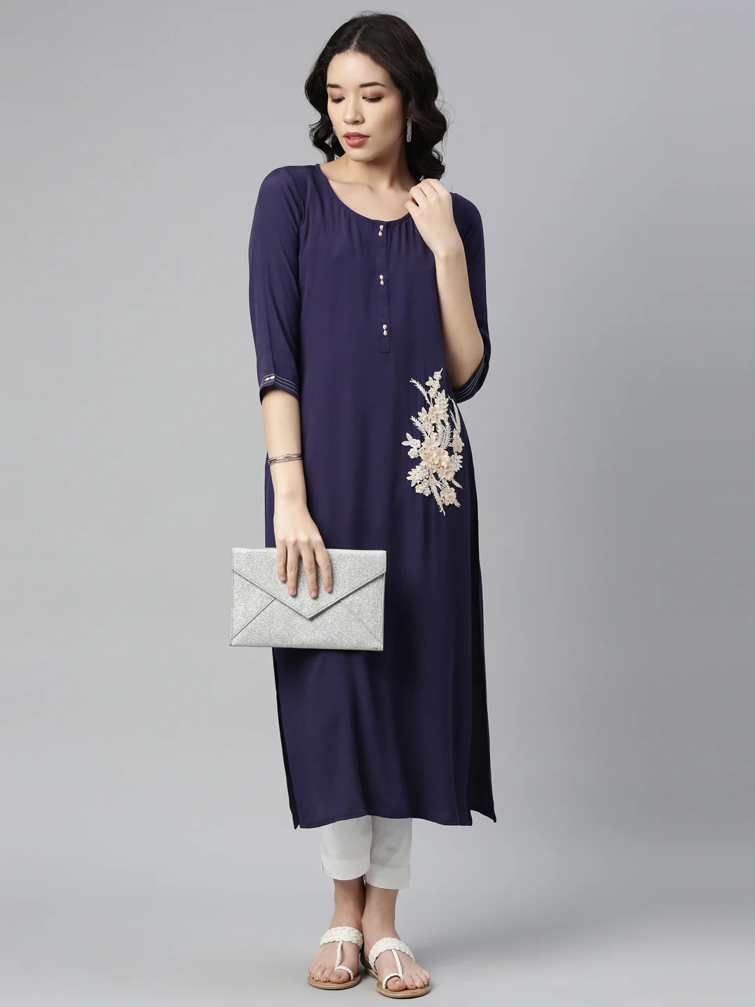 Neerus Navy Blue Color Chiffon Fabric Kurta - Image 5