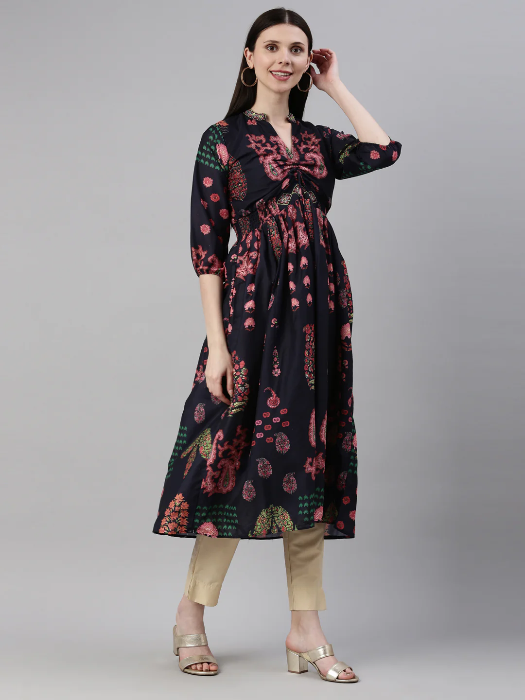 Neerus Navy Blue Color Model Fabric Kurta - Image 4