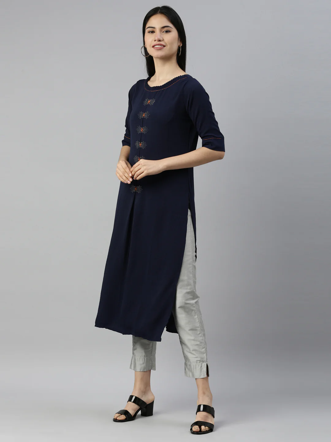 Neerus Navy Blue Color Mouse Crepe Fabric Kurta - Image 3