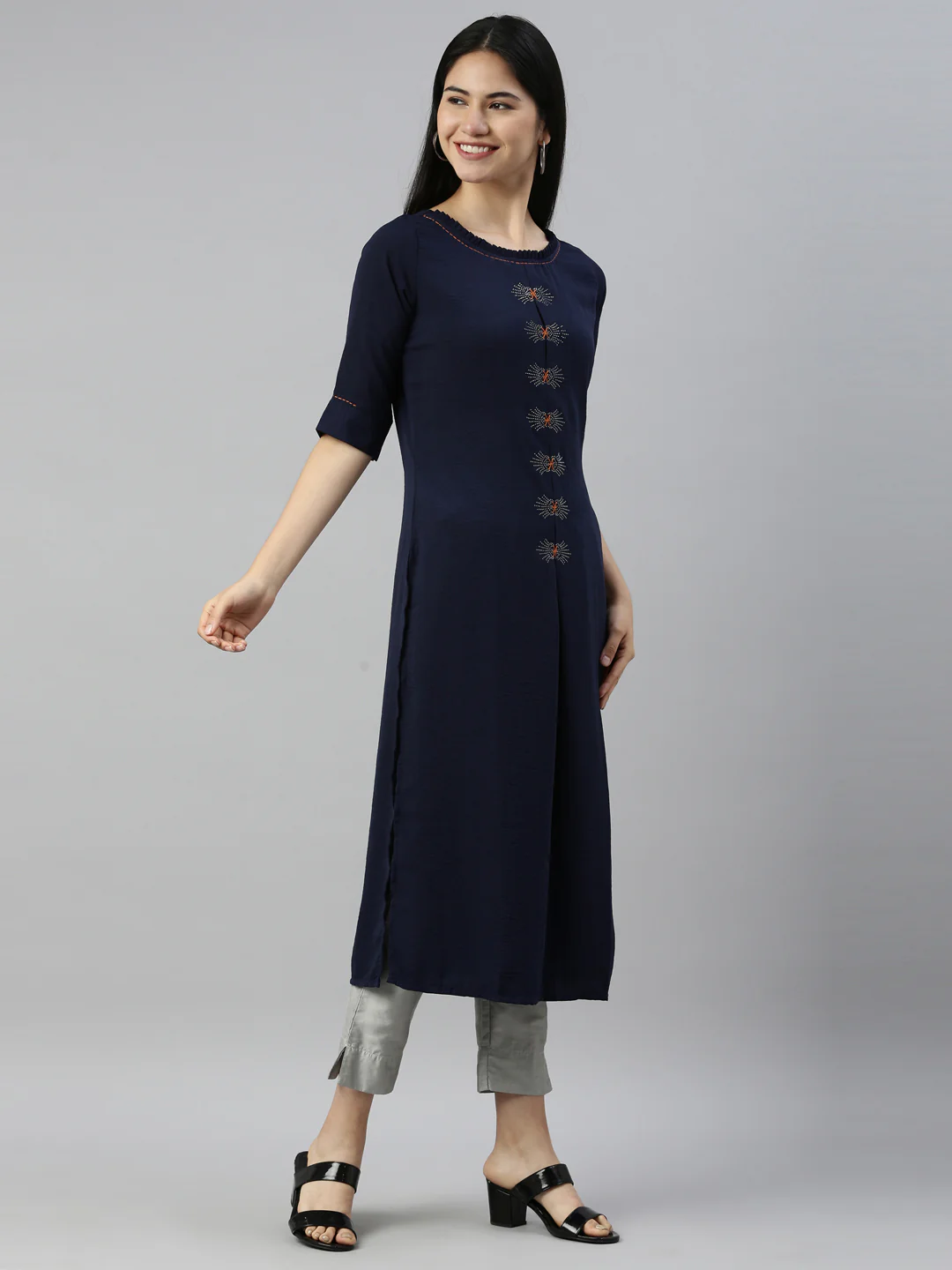 Neerus Navy Blue Color Mouse Crepe Fabric Kurta - Image 4