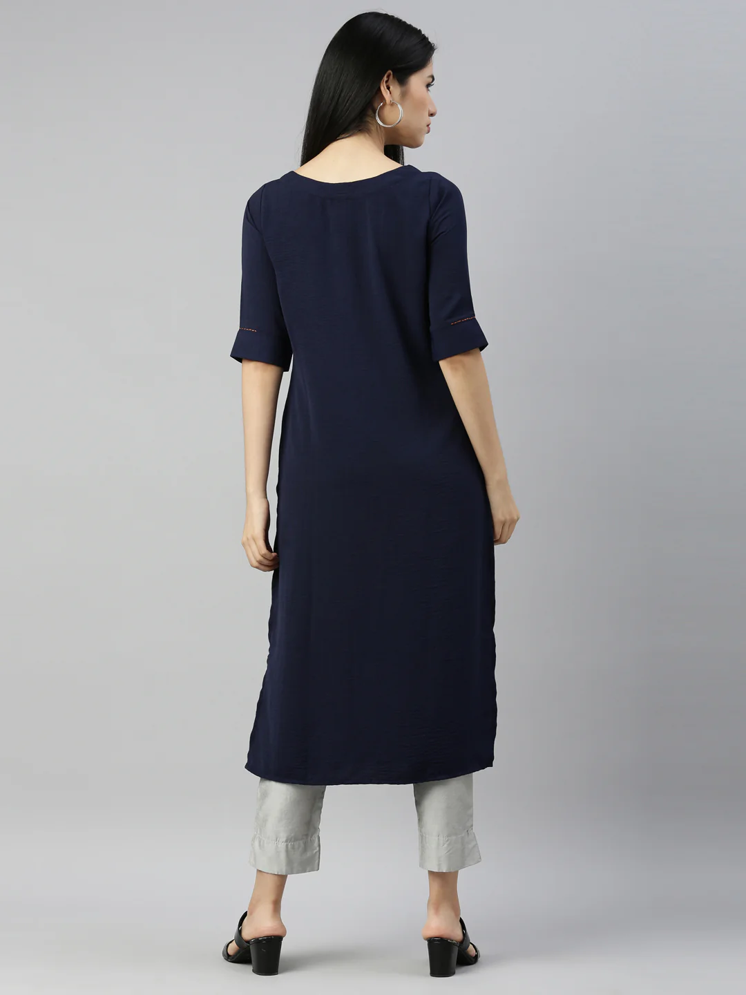 Neerus Navy Blue Color Mouse Crepe Fabric Kurta - Image 5