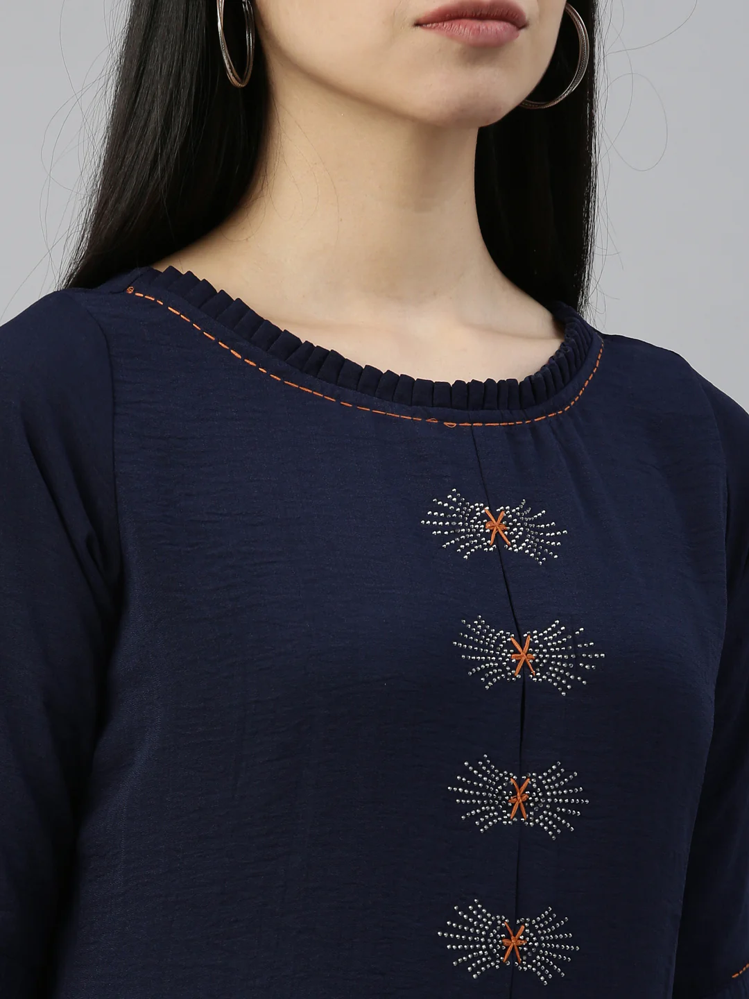Neerus Navy Blue Color Mouse Crepe Fabric Kurta - Image 8