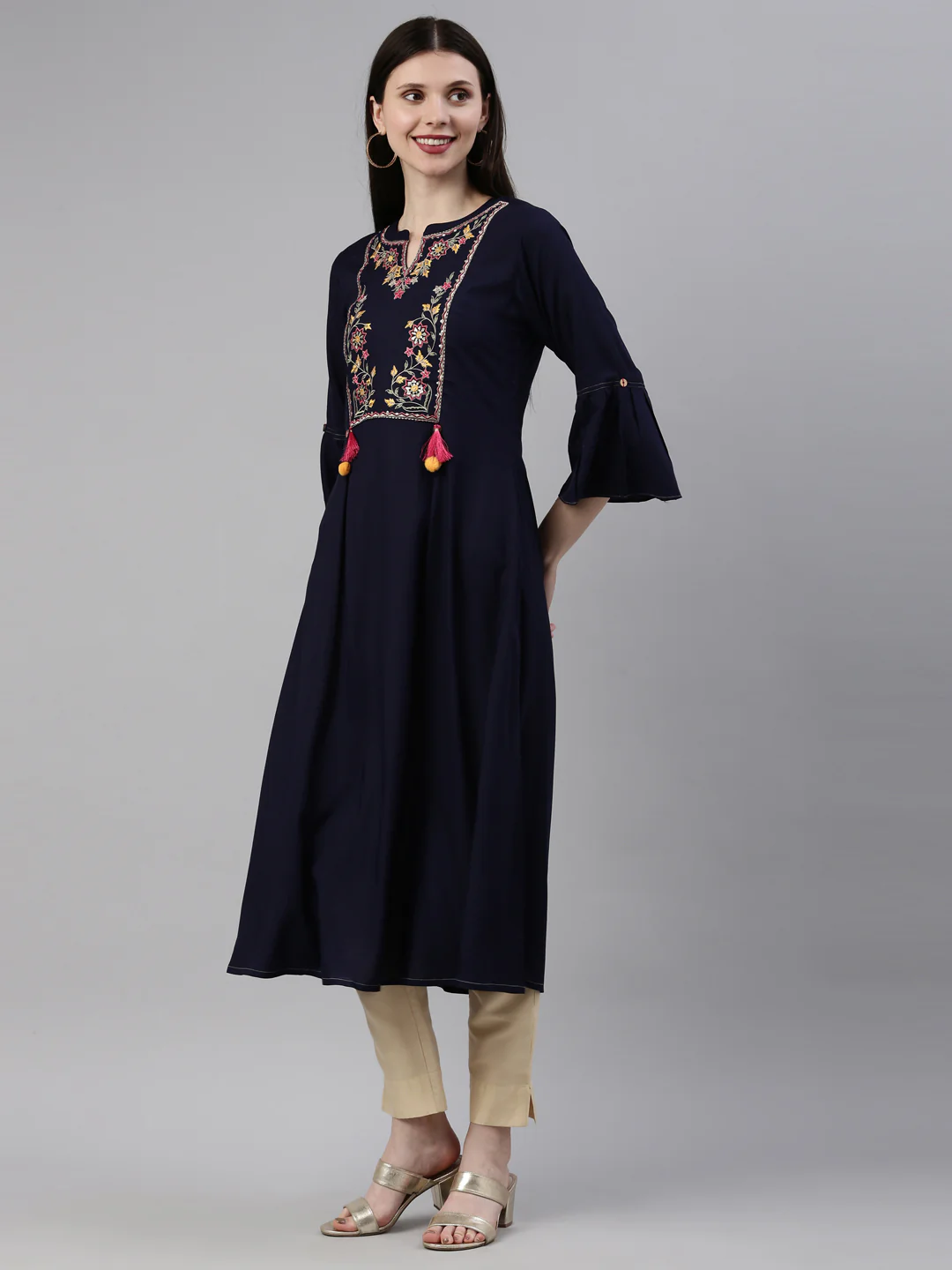 Neerus Navy Blue Color Rayon Fabric Kurta - Image 3