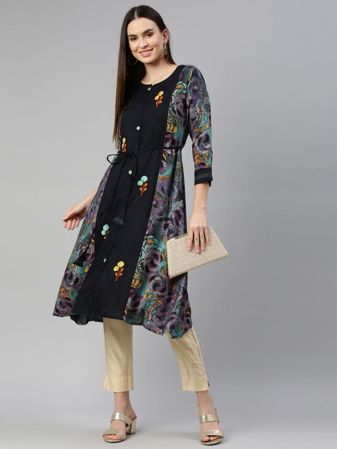 Neerus Navy Blue Color Rayon Fabric Kurta - Image 6