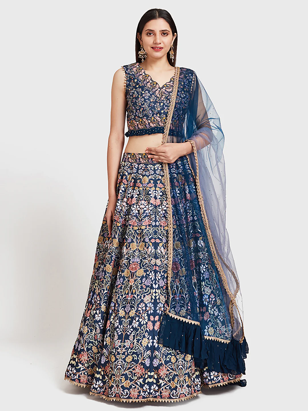 Neerus Navy Blue Color Silk Fabric Ghagra Set